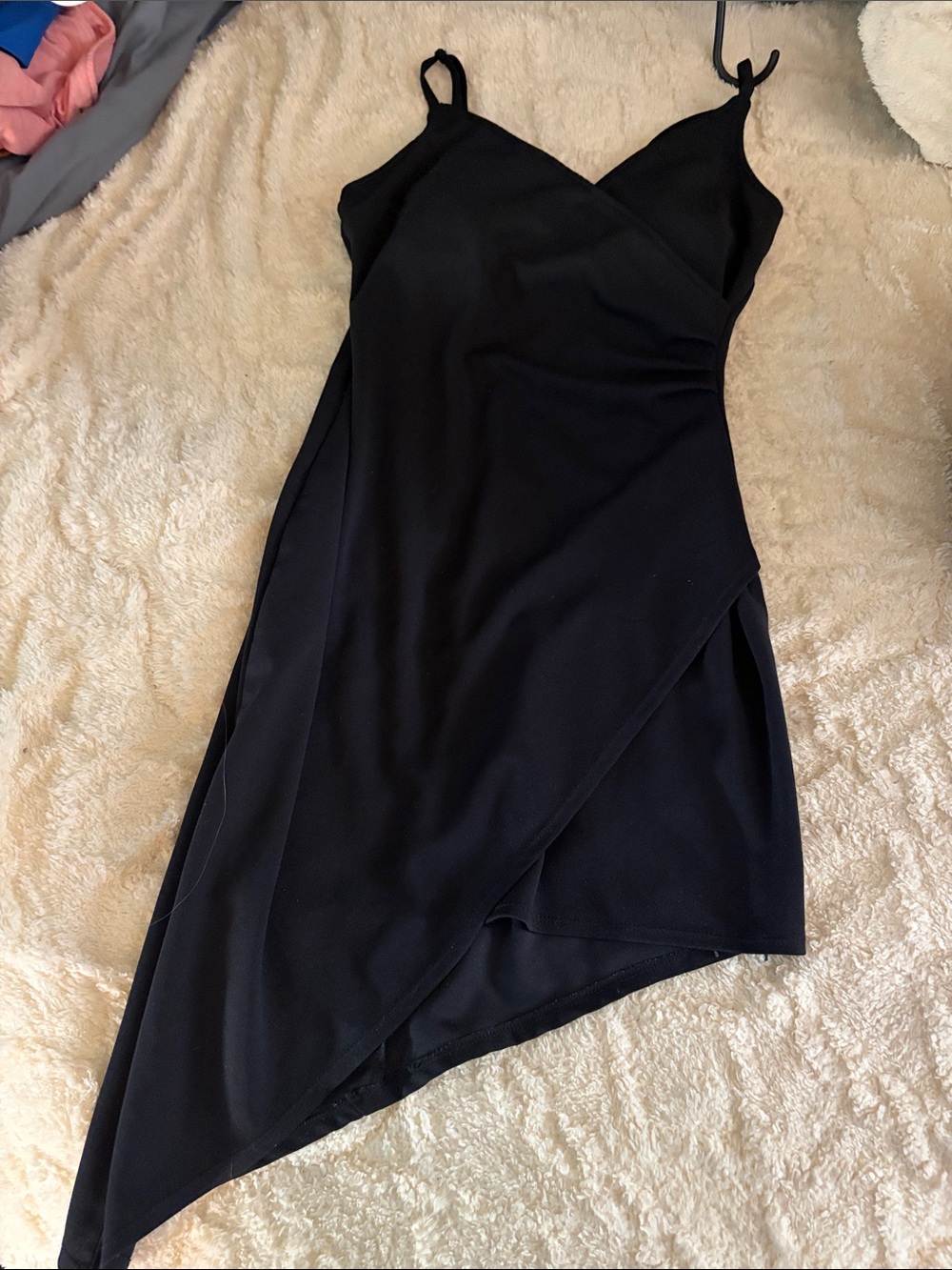 Planet Gold Black Asymmetrical Slip Dress with Spaghetti Straps